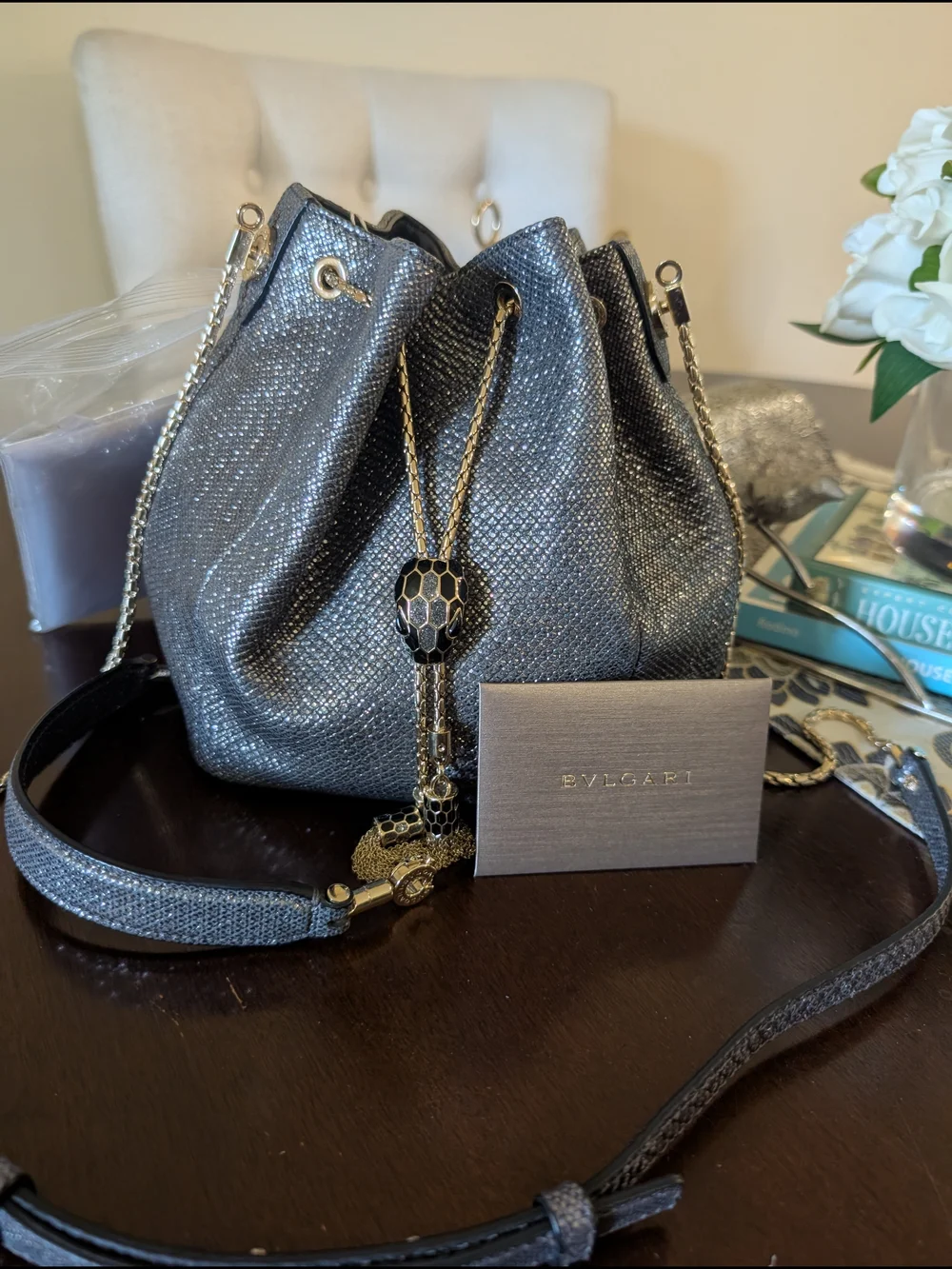 Bvlgari Silver Bucket Drawstring Bag Gold Chain Strap Tassel Accent Designer